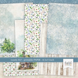 May include: A set of six digital papers featuring a variety of designs, including a white background with green leaves and red berries, a white background with a wooden plank pattern, a blue background with a damask pattern, and a white background with a cottage and a forest scene. The papers are 8.5x11 inches and are perfect for scrapbooking, card making, and other crafting projects.