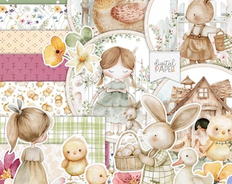 Spring Farmhouse Scrapbook Kit – Printable Paper & Stickers (Digital Download A4 Size Sheets)