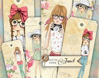 Puede incluir: Conjunto de seis diseños de papel digital con ilustraciones de chicas con gafas y lazos, vistiendo diferentes atuendos y sosteniendo cámaras. Los diseños tienen una estética vintage con patrones florales y texto.