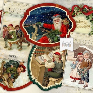Etichette natalizie vintage, abbellimenti, adesivi natalizi stampabili, etichette natalizie, diario spazzatura, album stampabile, effimeri