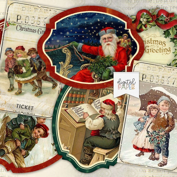 Vintage kerstlabels: afdrukbare ephemera, plakboekversieringen (digitale download)