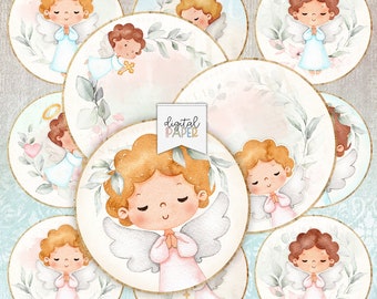 Battesimo Angelo - cerchi da 2,5 pollici - cut file - foglio collage digitale - specchi tascabili, tag, scrapbooking, topper cupcake