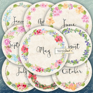 12 months name Calendar 2.5 inch circles set of 12 digital collage sheet pocket mirrors, tags, scrapbooking, cupcake toppers image 1