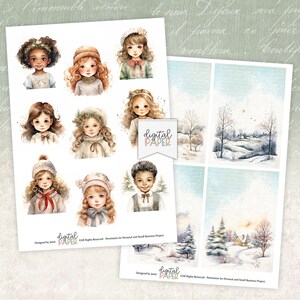 May include: Digital paper pack with illustrations of children wearing winter clothing and snowy winter scenes. The paper pack includes the text "Digital Paper" and "Designed by Janet".
