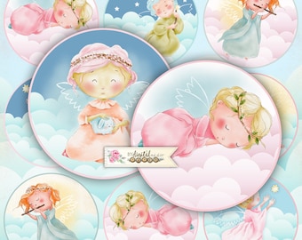 Baby Angel - Cerchi da 2,5 pollici - set di 12 - foglio collage digitale - specchi tascabili, tag, scrapbooking, topper cupcake