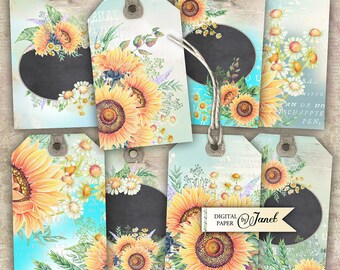Sunflower Tags - Watercolor - digital collage sheet - set of 8 - Printable Download
