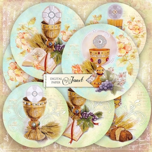 First Communion 2,5 inch circles set of 12 digital collage sheet pocket mirrors, tags, scrapbooking, cupcake toppers image 1