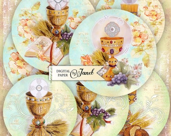 May include: Six round, pastel blue and green digital paper designs featuring a chalice, a cross, wheat, grapes, and a book. The text "JHS" is on the chalice. The text "DIGITAL PAPER by Janet" is on one of the designs.