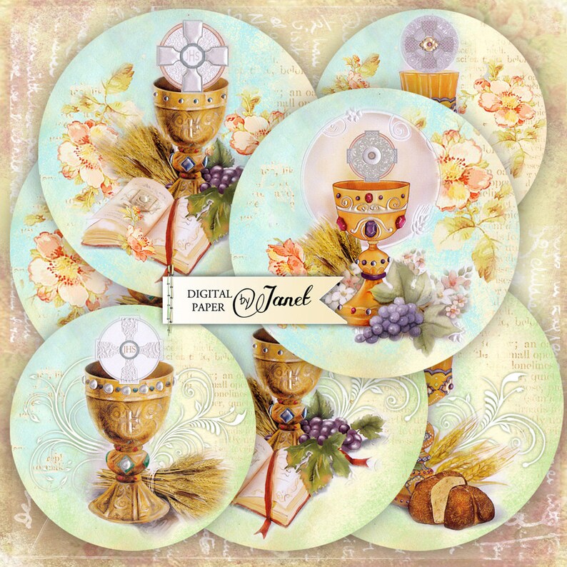 First Communion 2,5 inch circles set of 12 digital collage sheet pocket mirrors, tags, scrapbooking, cupcake toppers image 1