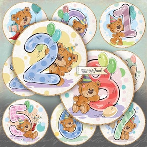Números de cumpleaños - 2,5 pulgadas - juego de 12 - hoja de collage digital - Pegatinas para bebés - espejos de bolsillo, etiquetas, álbumes de recortes, adornos para cupcakes