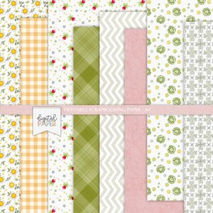 May include: Printable digital scrapbook paper set with 10 different patterns. The patterns include daisies, gingham, polka dots, plaid, chevron, solid pink, cabbage, and a geometric pattern. The paper is A4 size.