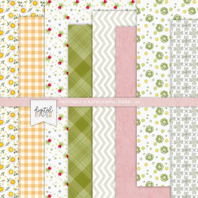 May include: Printable digital scrapbook paper set with 10 different patterns. The patterns include daisies, gingham, polka dots, plaid, chevron, solid pink, cabbage, and a geometric pattern. The paper is A4 size.
