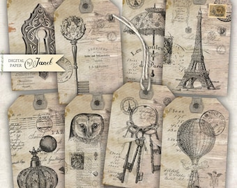 Antique Tags - digital collage sheet - set of 8 - Printable Download