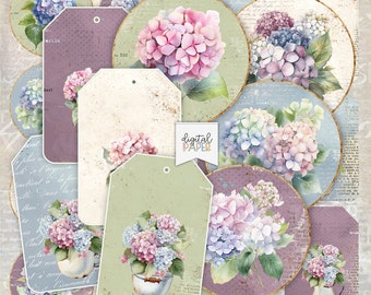 Hydrangeas - 2.5 inch circles - set of 12 - Tags - set of 9 - digital collage sheet - pocket mirrors, tags, scrapbooking, cupcake toppers