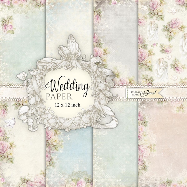 Wedding Paper, Schabby Chic, Printable Scrapbooking Paper, 12 inch, Background, Journal Pages, Ephemera, DIY Craft, Scrapbook Album, Cards