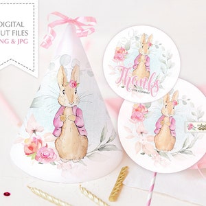 Druckbare PARTY, Hut und TAG, Geburtstagsparty, Peter Rabbit rosa Jacke, Partydekorationen, Art File, Cricut File