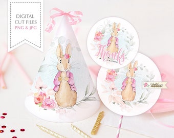 Printable PARTY, Hat and TAG, Birthday Party, Peter Rabbit Pink Jacket, Party Decorations, Art File, Cricut File