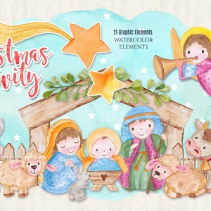 Weihnachtskrippe - Heilige Familie - Kunst Clipart - Illustration - Aquarell Elemente - PNG-Datei