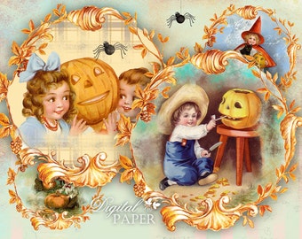 Stickers Happy Halloween - Vintage image - set of 6 - digital collage sheet