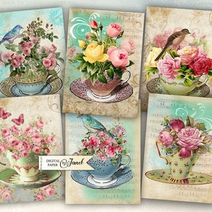 Tea Flower - tags - digital collage sheet - set of 6 - Printable Cards