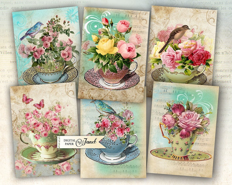 Tea Flower tags digital collage sheet set of 6 Printable Cards image 1