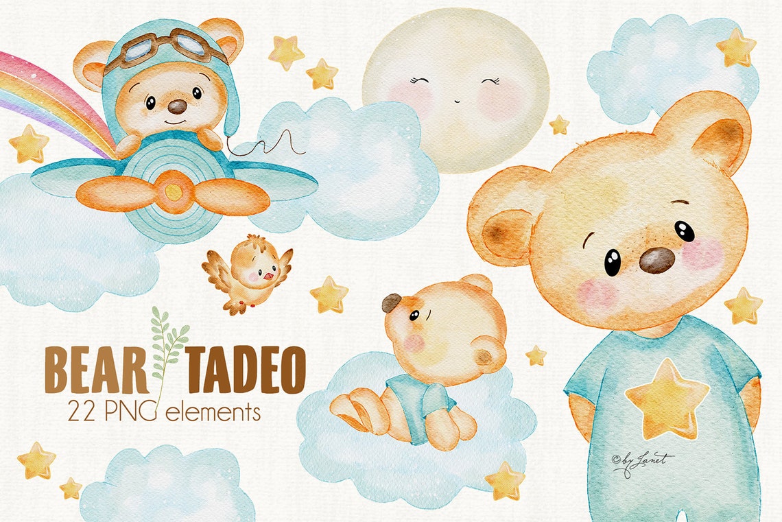 Bear Tadeo art baby clipart ilustracja zwierząt Akwarele zdjęcie 0