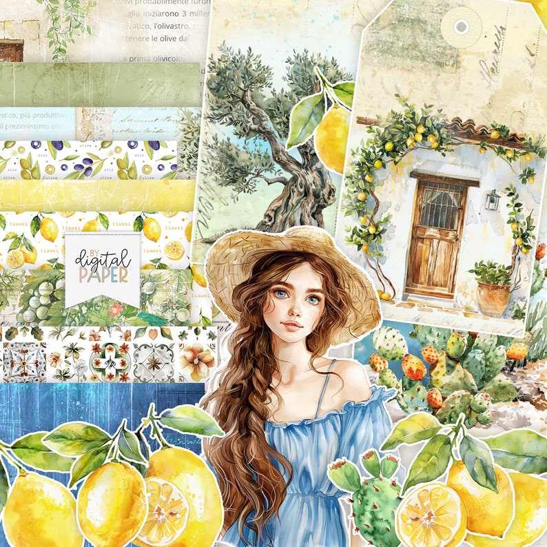 May include: A digital paper pack featuring a watercolor illustration of a woman with long brown hair wearing a straw hat and a blue dress. The background includes a lemon tree, a house with a wooden door, and a cactus. The text "digital paper" is included in the image.