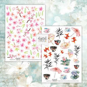 Cherry Blossoms, Oriental Scrapbooking Kits, Japanese Girl, Paper Craft, Cardmaking, Printable Paper, Oriental Japanese Illustration image 3