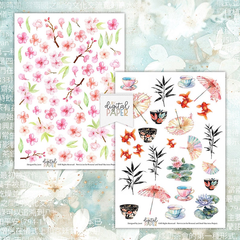 Cherry Blossoms, Oriental Scrapbooking Kits, Japanese Girl, Paper Craft, Cardmaking, Printable Paper, Oriental Japanese Illustration image 3