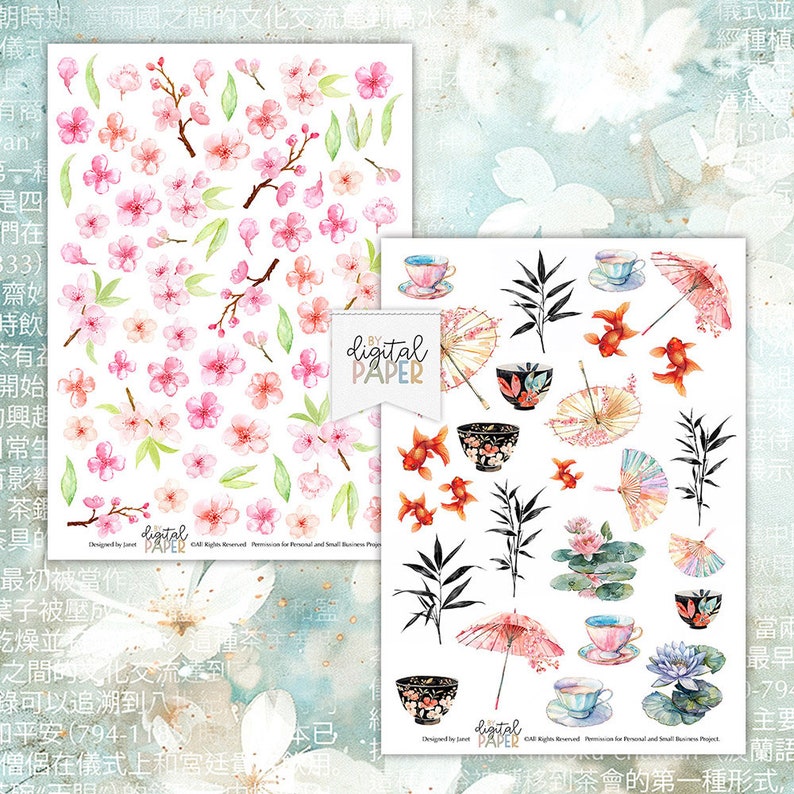 Kirschblüten, Orientalische Scrapbooking Kits, Japanisches Mädchen, Papiermodelle, Kartenherstellung, Bedruckbares Papier, Orientalische Japanische Illustration Bild 3