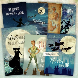 Peter Pan, coisas efêmeras vintage, colagem digital para impressão, lixo eletrônico, cartão ATC, artesanato em papel, imagem vintage de Peter Pan, enfeite de álbum de recortes