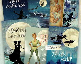 Peter Pan - tag - foglio collage digitale - set di 8 - Download stampabile