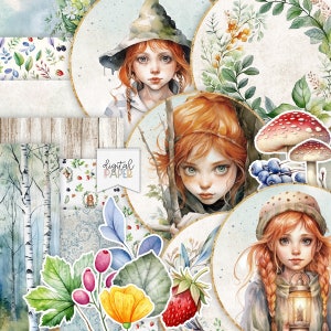 May include: A digital paper pack with a woodland theme featuring illustrations of a girl with red hair wearing a witch hat, a mushroom, berries, and leaves. The text "digital paper" is included in the image.