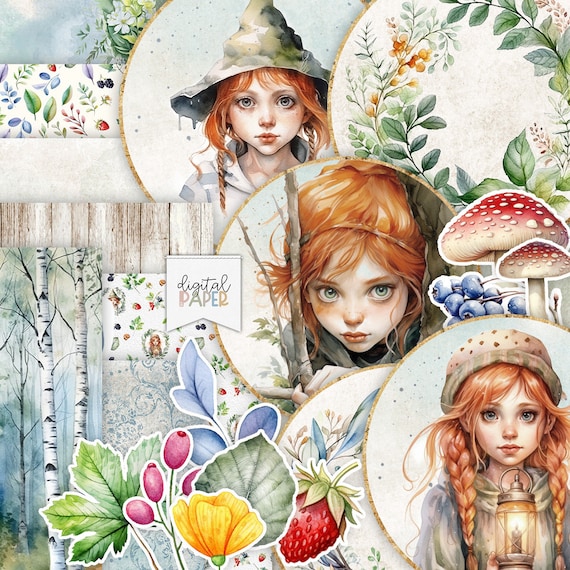 Cute Fairies Junk Journal, Birch Forest Scrapbook Kit, Autumn Fairy Collage, Fairytale Ephemera, Vintage Woodland Paper, Digital A4 Sheets