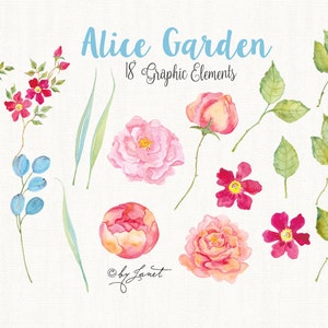 Może przedstawiać: Aquarelowe ilustracje r&oacute;żowych i czerwonych r&oacute;ż, niebieskich kwiat&oacute;w i zielonych liści. Tekst "Alice Garden 18 Graphic Elements" znajduje się w g&oacute;rnej części obrazu.