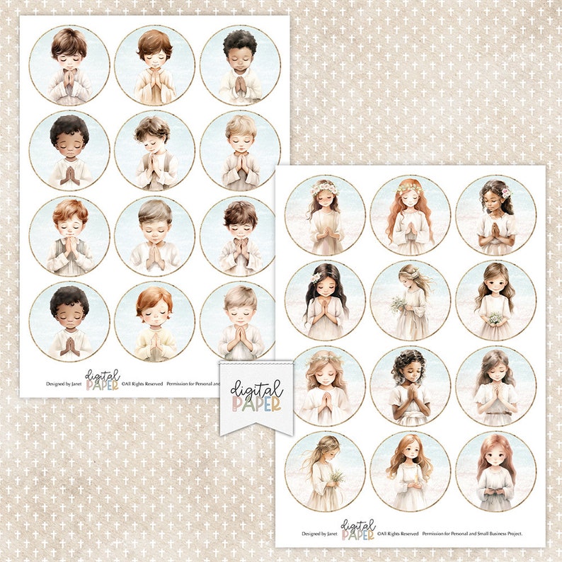 May include: A digital paper sheet with a repeating pattern of white crosses on a beige background. The sheet features 18 illustrated images of children praying, with 9 boys and 9 girls. The images are in a circle shape with a gold outline.
