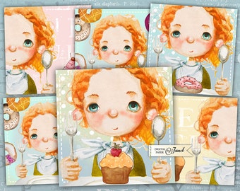 Patisserie Cards - set of 6 - digital collage sheet - Printable Download