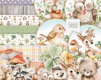 Woodland Animals Scrapbook Paper, Forest Friends Ephemera, Nursery Craft, Cardmaking Kit, Cute Animal Background, Junk Journal, Digital A4