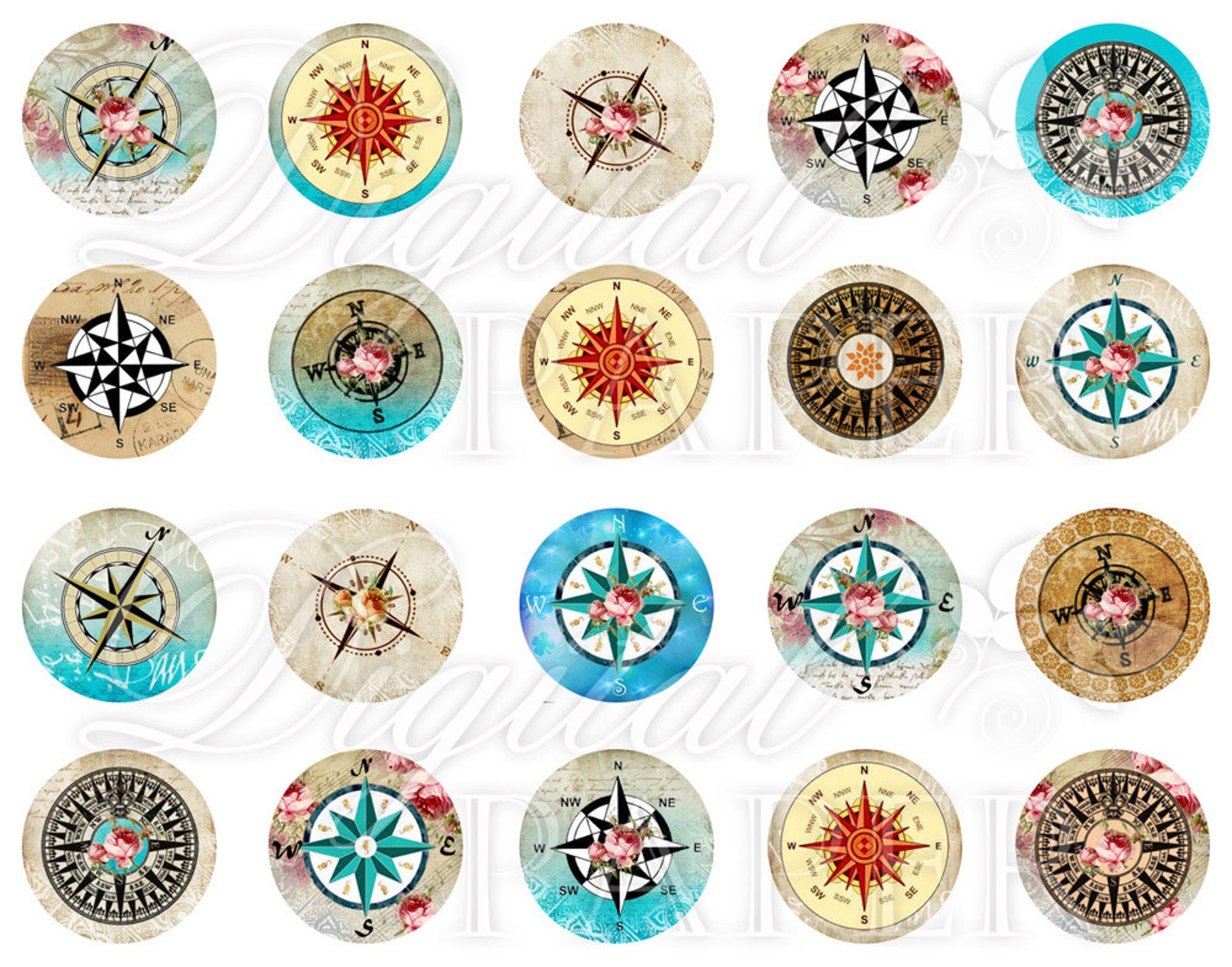 Compass circles image digital collage sheet 1 x 1 inch Etsy