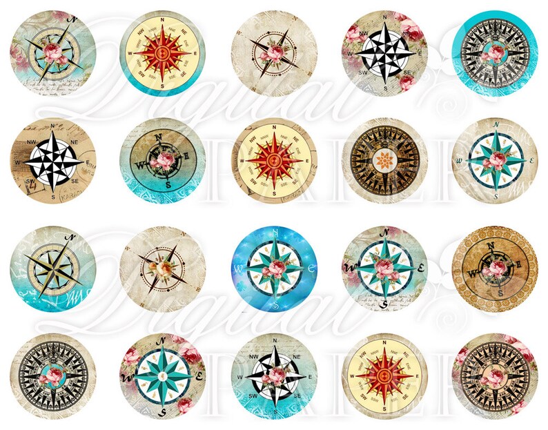 Compass circles image digital collage sheet 1 x 1 inch Etsy