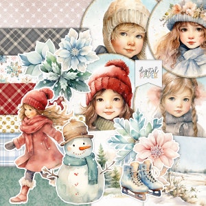 Feliz inverno, Natal vintage, kit de scrapbooking, diário de lixo, coisas efêmeras, imagem de Natal para impressão, papel de Natal, adesivos, artesanato em papel