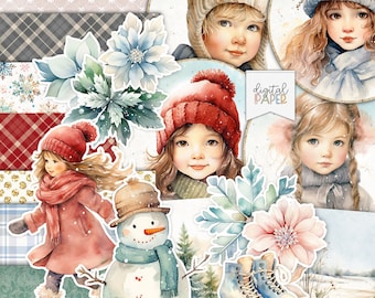 Joyeux hiver, Noël vintage, Kit de scrapbooking, Junk Journal, Ephemera, Image de Noël imprimable, papier de Noël, autocollants, Paper Craft