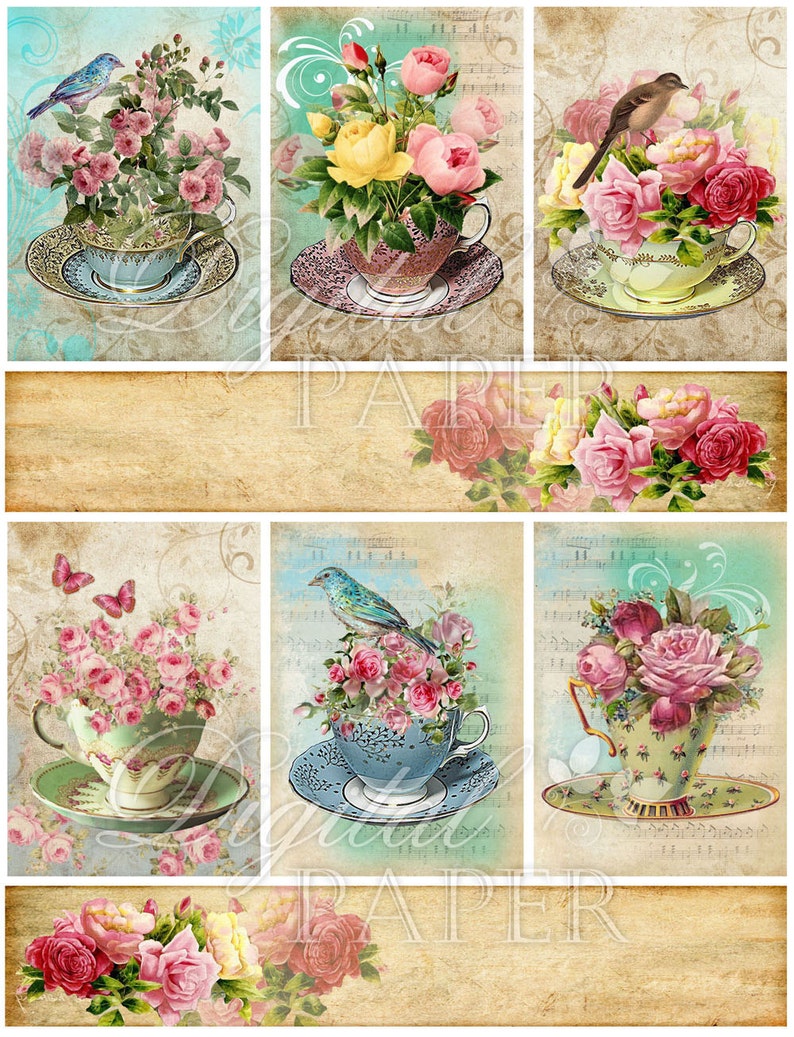 Tea Flower tags digital collage sheet set of 6 Printable Cards image 2