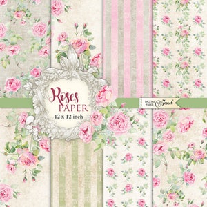 ROSES Shabby Paper, Papel de Scrapbooking imprimible, 12x12 pulgadas, Fondo, Páginas de diario, Efímera, Artesanía DIY, Álbum de Scrapbook, Tarjetas