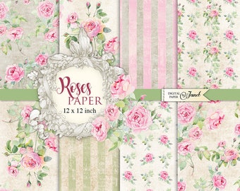 ROSES シャビーペーパー、印刷可能なスクラップブック用紙、12 x 12 インチ、背景、ジャーナルページ、エフェメラ、DIY クラフト、スクラップブックアルバム、カード