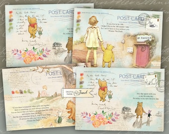 Art Mail - Winnie de Pooh - illustration stories - digital collage sheet - set of 4 cards - Printable Download