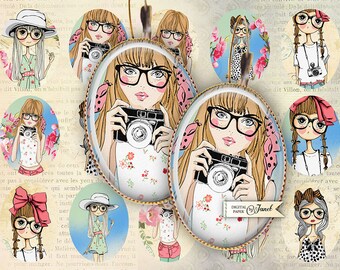 Photographer Girls - oval image - 18 x 25 mm - digital collage sheet  - Printable Download