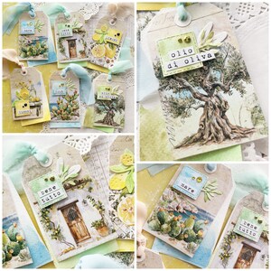 May include: A set of nine colorful gift tags with various designs, including lemons, olive trees, and cacti. The tags feature Italian phrases like "bene tutto" and "olio di oliva".