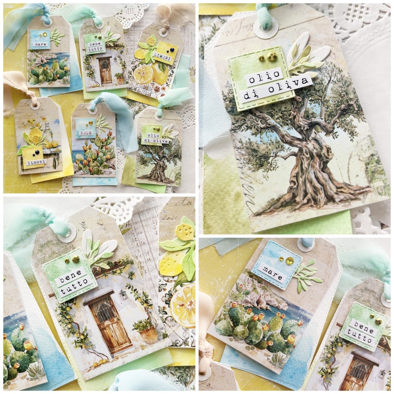 May include: A set of nine colorful gift tags with various designs, including lemons, olive trees, and cacti. The tags feature Italian phrases like "bene tutto" and "olio di oliva".
