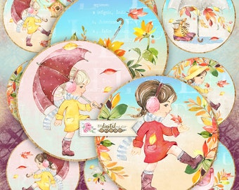 Autumn Novel - 2.5 inch circles - set of 12 - pocket mirrors, tags, scrapbooking, cupcake toppers